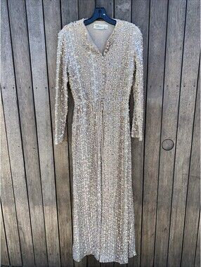 Vtg 1970s Lee Jordan New York Full Sequin Maxi Dress Gown Long Sleeve Disco 10